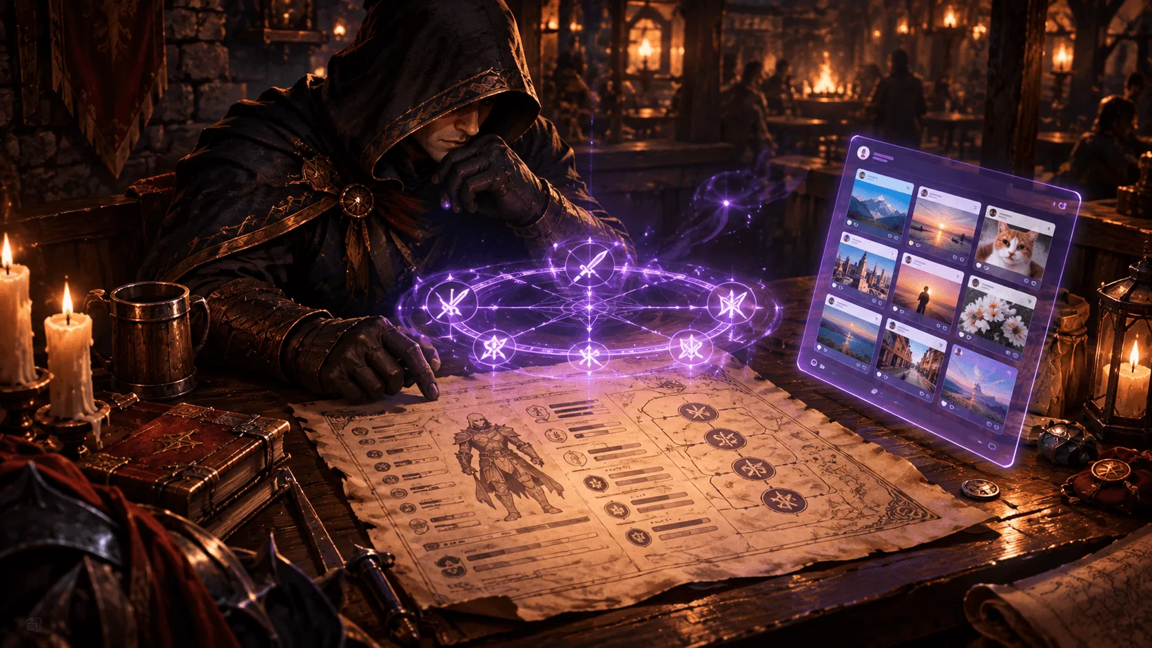 A Dreadmyst creator planning a build in the simulator and sharing the result to a tidy Instagram feed